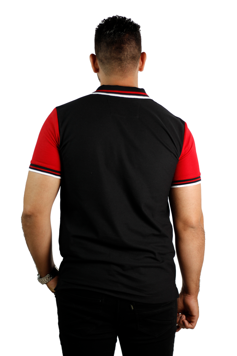 Camiseta tipo polo combinada para hombre color negro rojo cuello tricolor