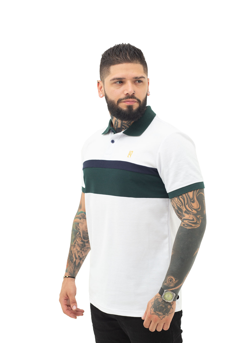 Camiseta tipo polo combinada para hombre color blanco militar azul oscuro