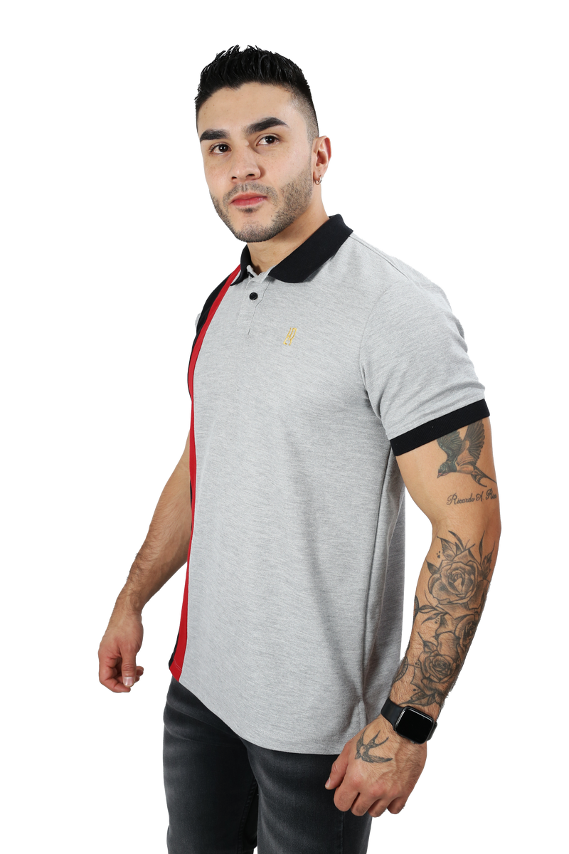 Camiseta tipo polo combinada para hombre color jaspe rojo negro