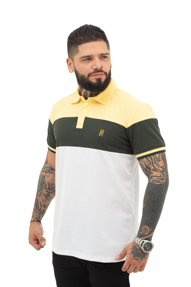 Camiseta tipo polo combinada para hombre color amarillo claro verde militar blanco