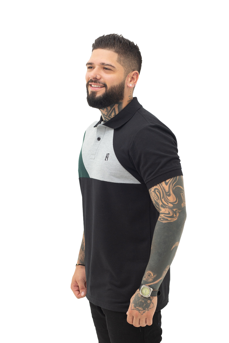 Camiseta tipo polo combinada para hombre color negro militar jaspe cuello negro