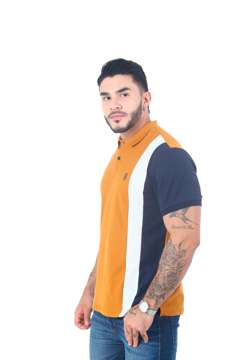 Camiseta tipo polo combinada para hombre color ocre blanco azul cuello ocre