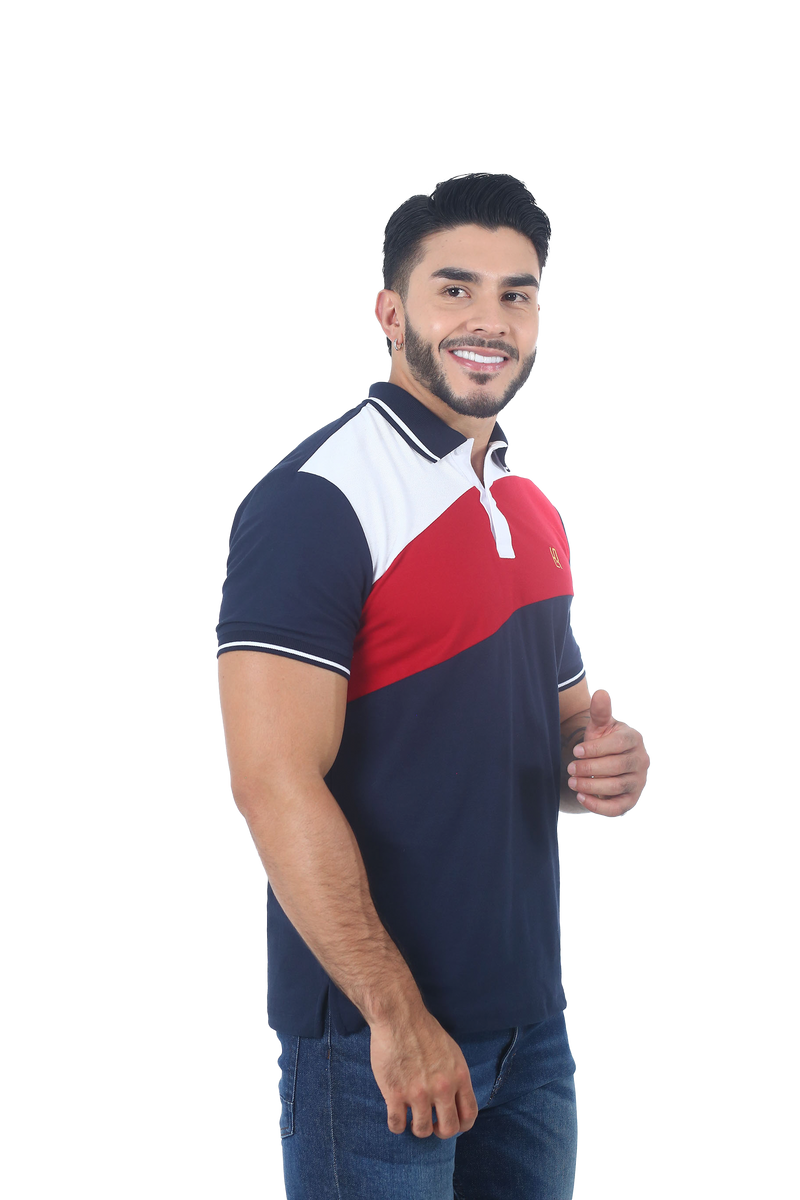 Camiseta tipo polo combinada para hombre color blanco azul rojo cuello rojo