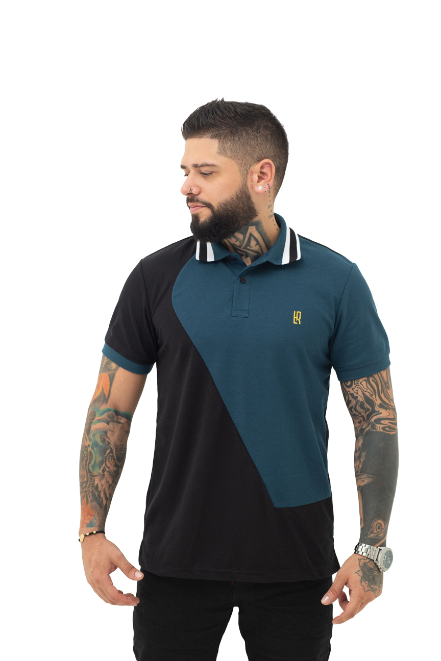 Camiseta tipo polo combinada para hombre color negro petroleo