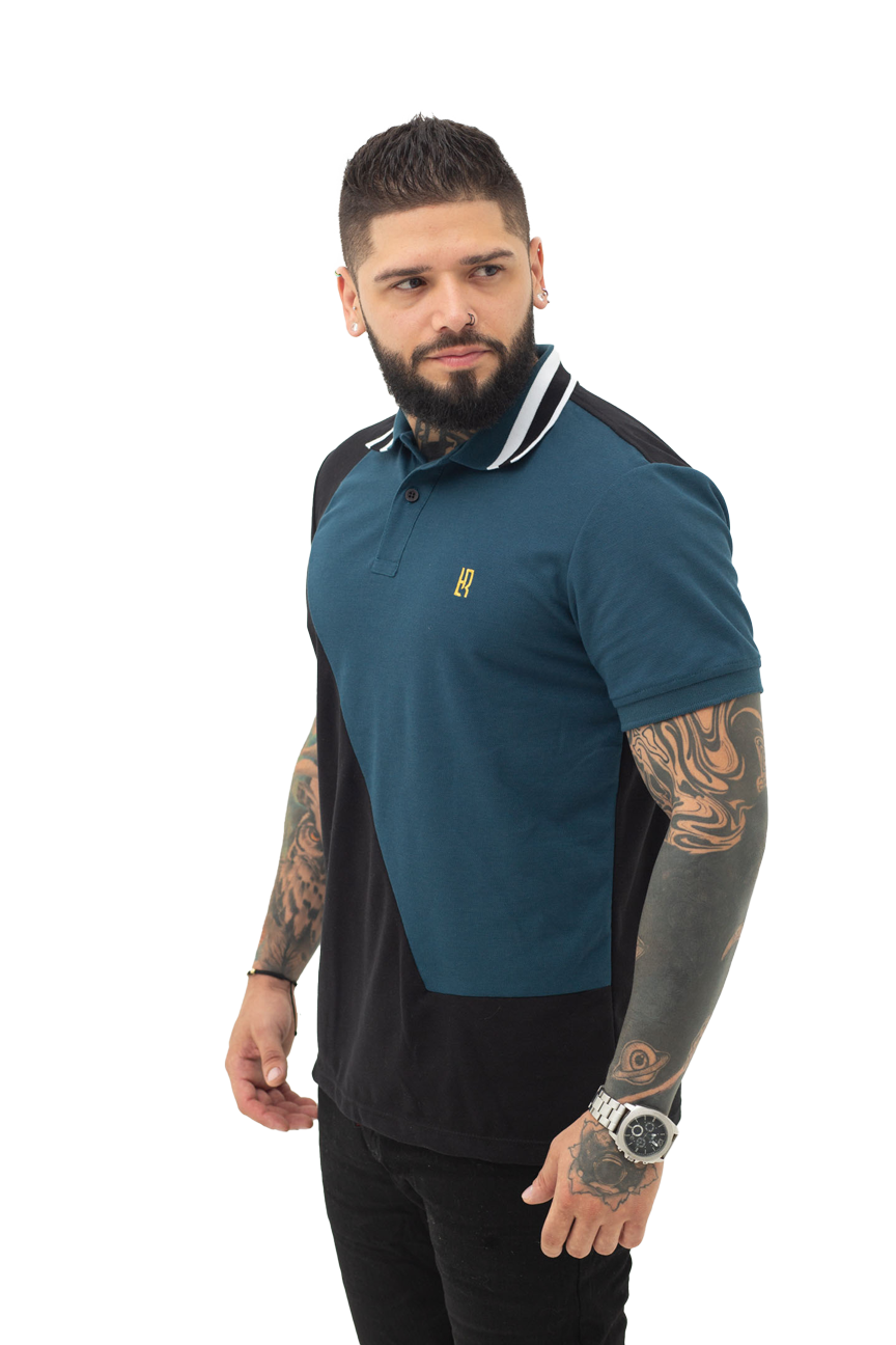 Camiseta tipo polo combinada para hombre color negro petroleo