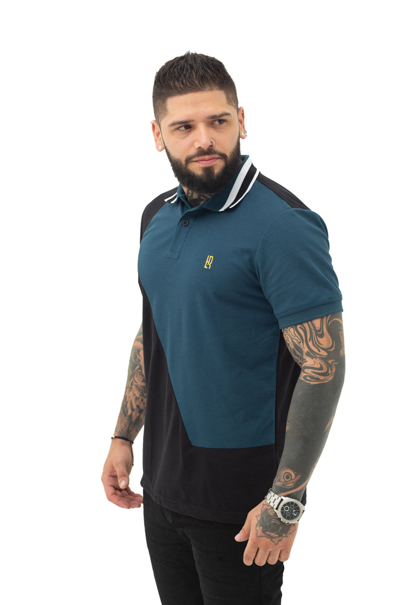 Camiseta tipo polo combinada para hombre color negro petroleo