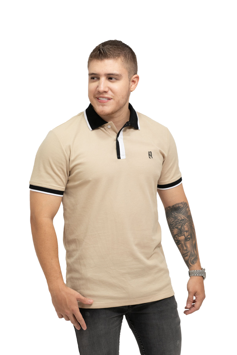 Camiseta tipo polo combinada para hombre color trigo blanco
