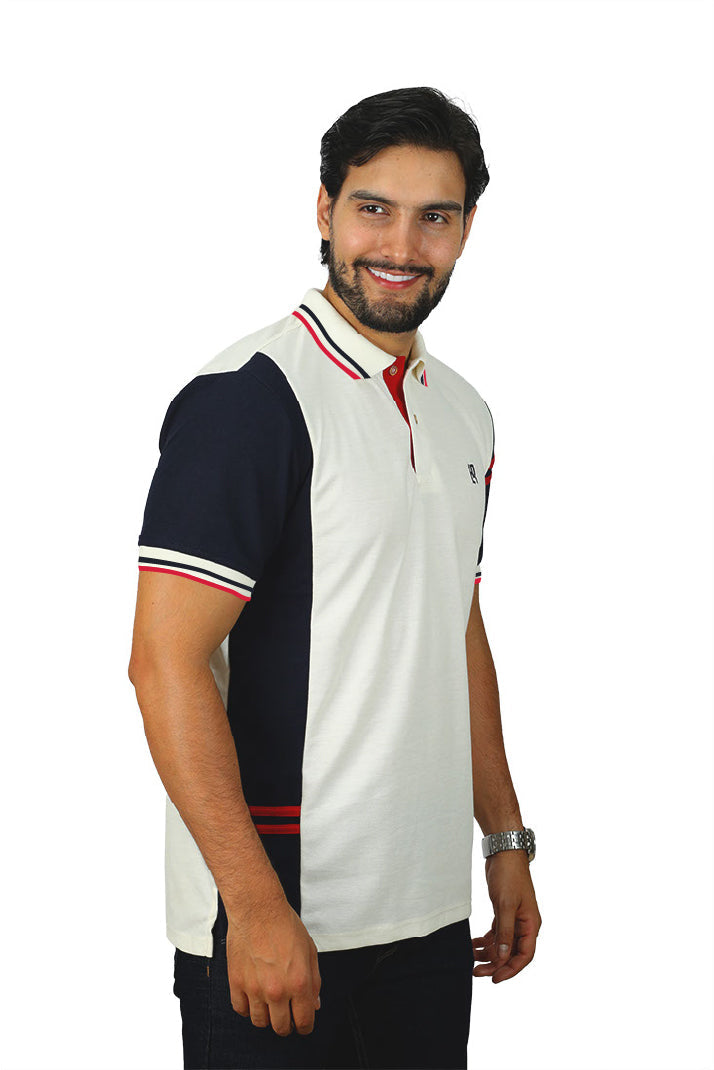 Camiseta Tipo Polo Combinada Para Hombre Color Marfil Azul Oscuro Rojo