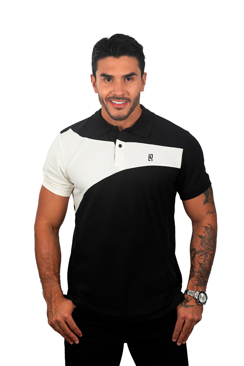 Camiseta tipo polo combinada para hombre color negro marfil