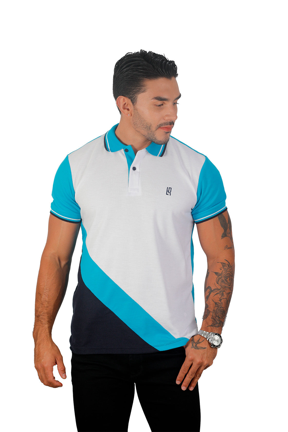 Camiseta tipo polo combinada para hombre color blanco turquesa azul oscuro
