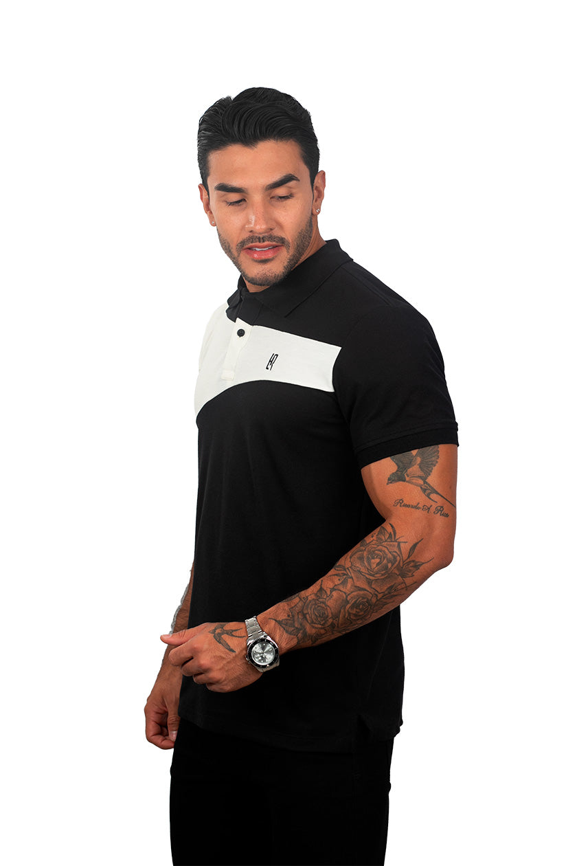 Camiseta tipo polo combinada para hombre color negro marfil