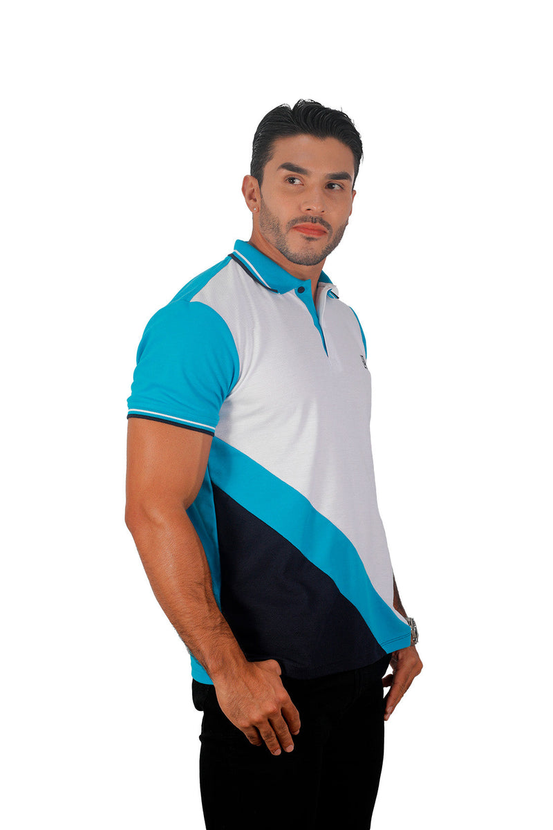 Camiseta tipo polo combinada para hombre color blanco turquesa azul oscuro