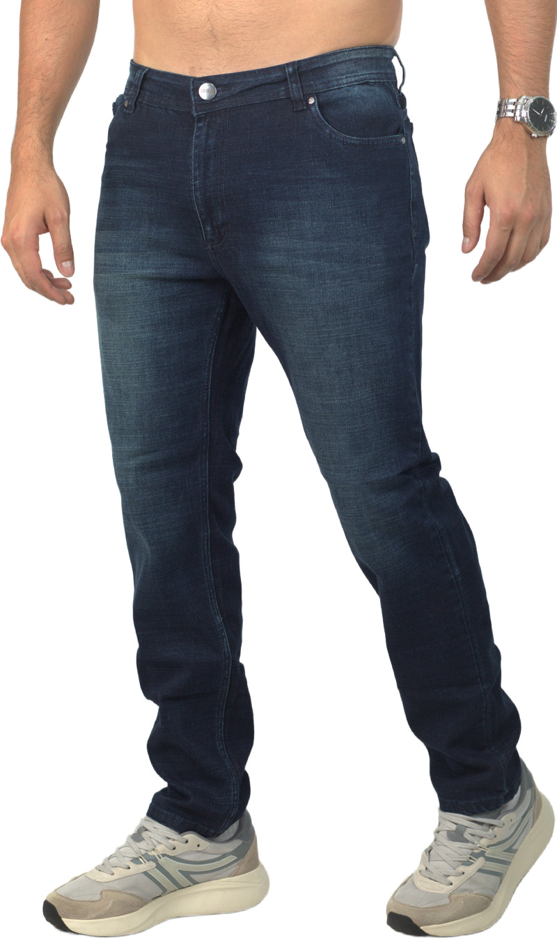 Jeans para hombre bota recta licrado clásico color azul oscuro con desgaste