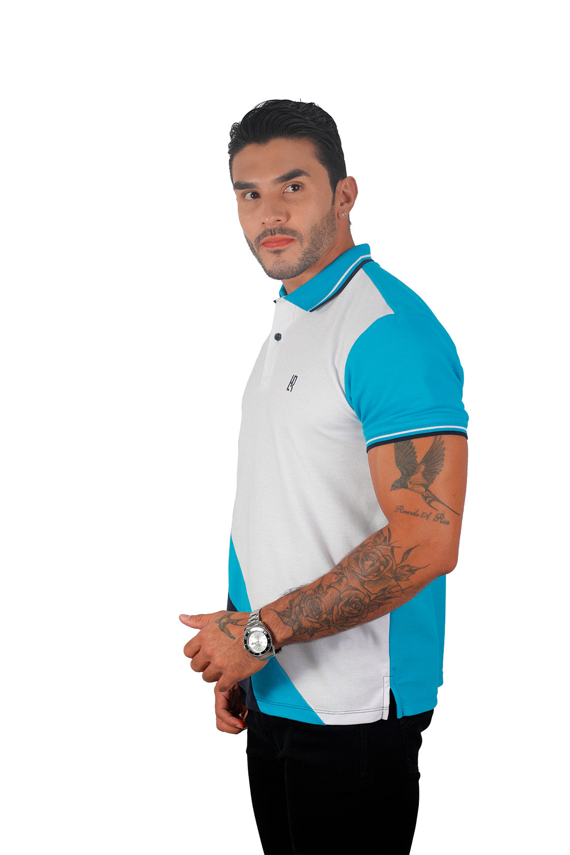 Camiseta tipo polo combinada para hombre color blanco turquesa azul oscuro