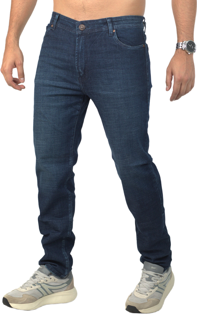 Jeans para hombre bota recta licrado clásico con desgaste color azul oscuro