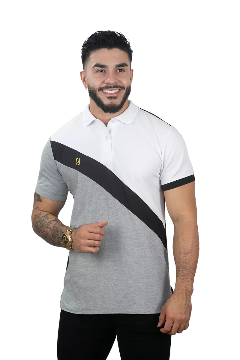 Camiseta Polo Combinada Blanco-Negro-Jaspe 047C