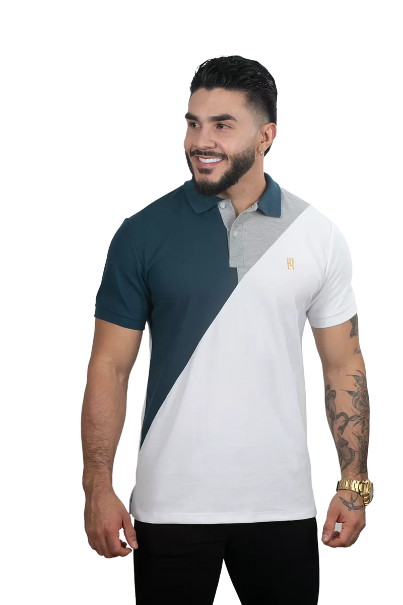 Camiseta Polo Combinada Blanco-Petroleo-Jaspe 054D