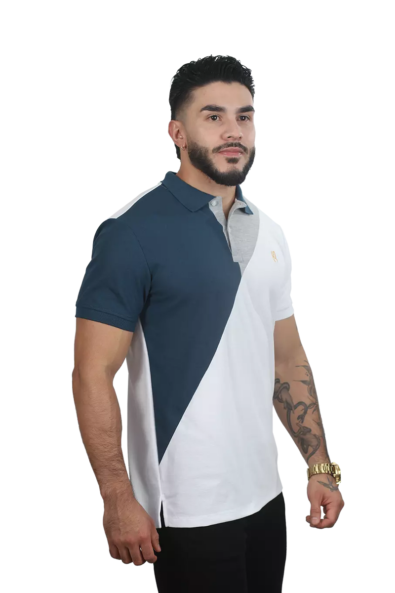 Camiseta Polo Combinada Blanco-Petroleo-Jaspe 054D