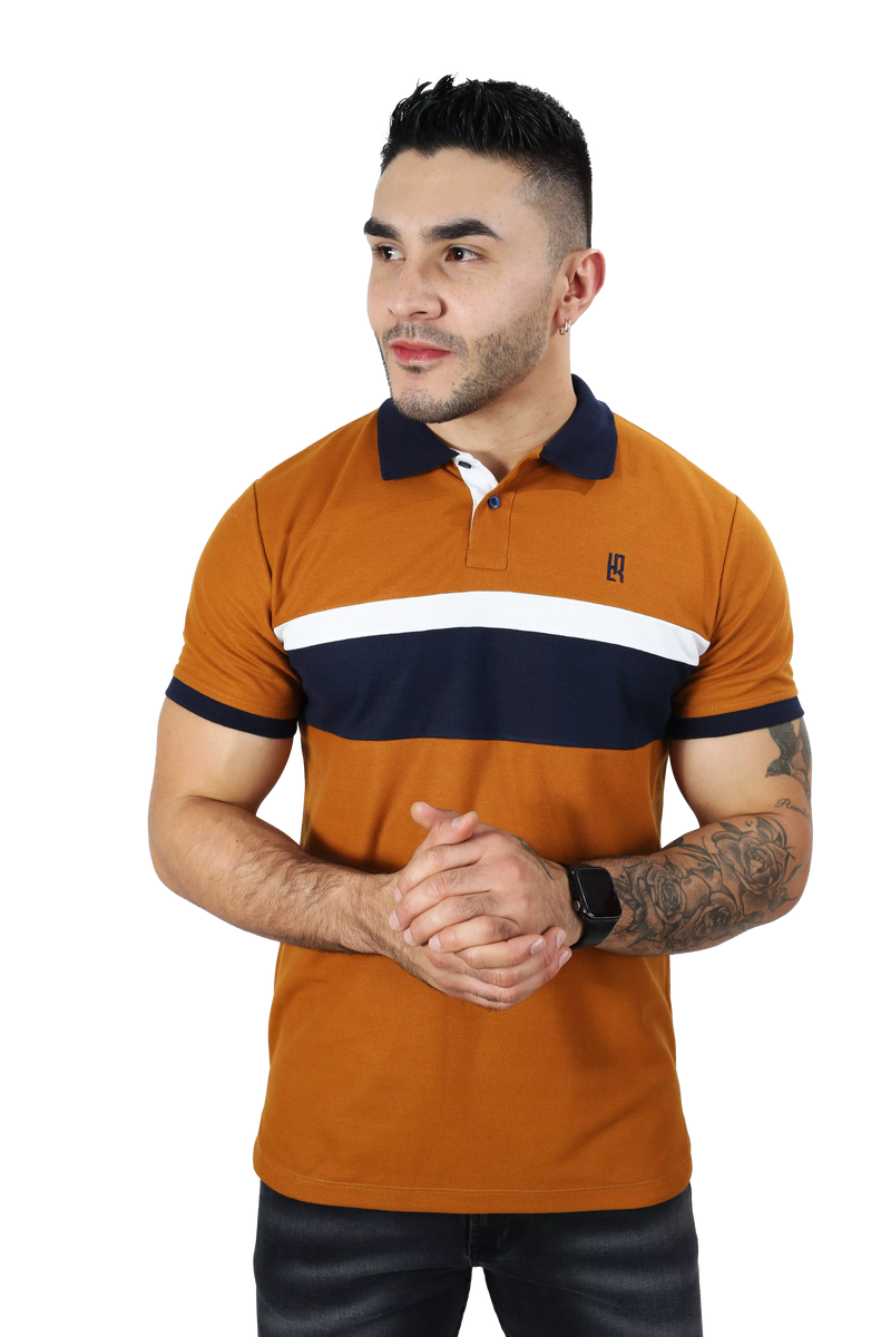 Camiseta Polo Combinada Ocre-Azul Oscuro 033C