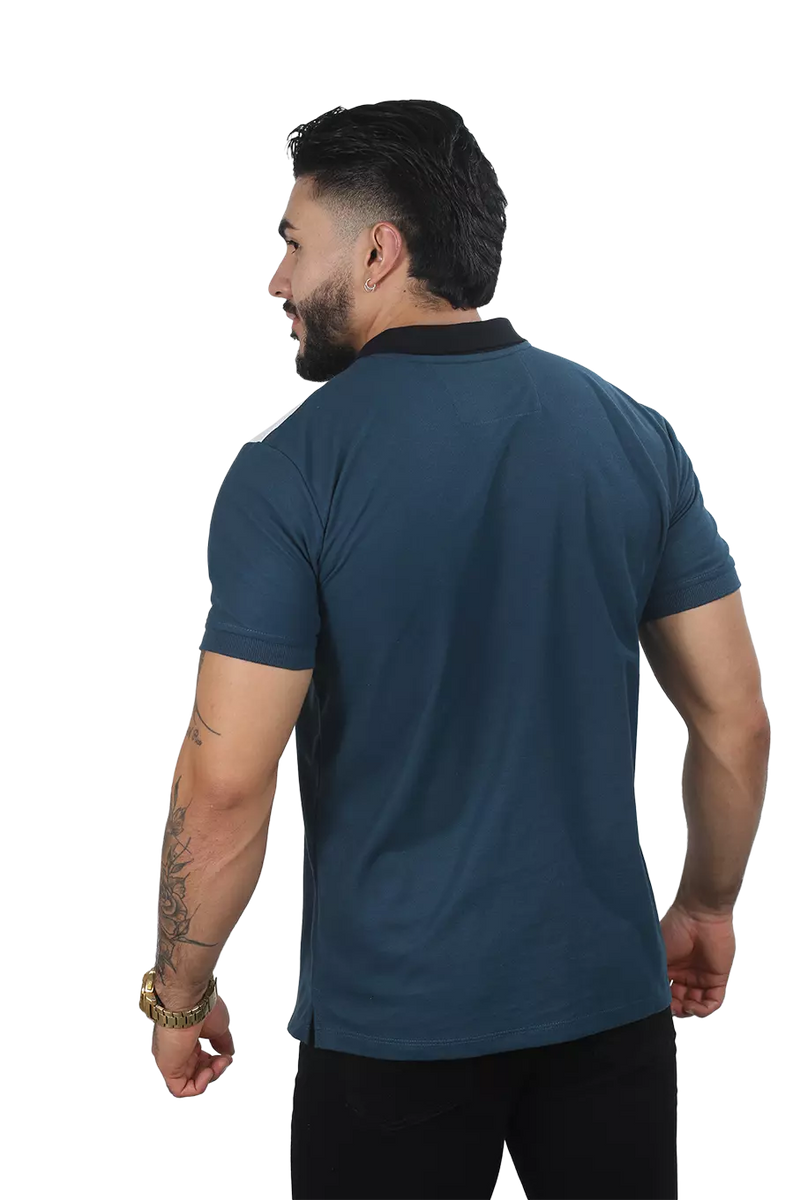 Camiseta Polo Combinada Petroleo-Negro-Blanco 044D
