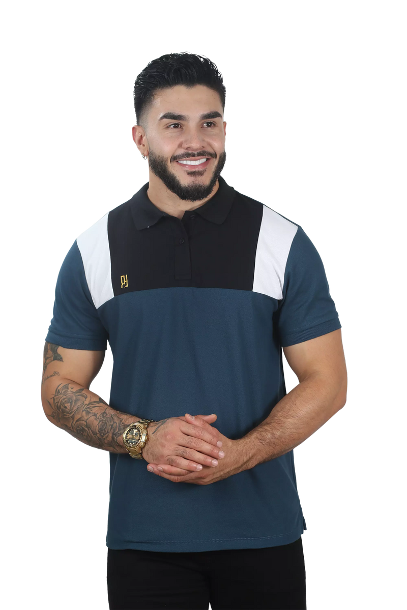 Camiseta Polo Combinada Petroleo-Negro-Blanco 044D