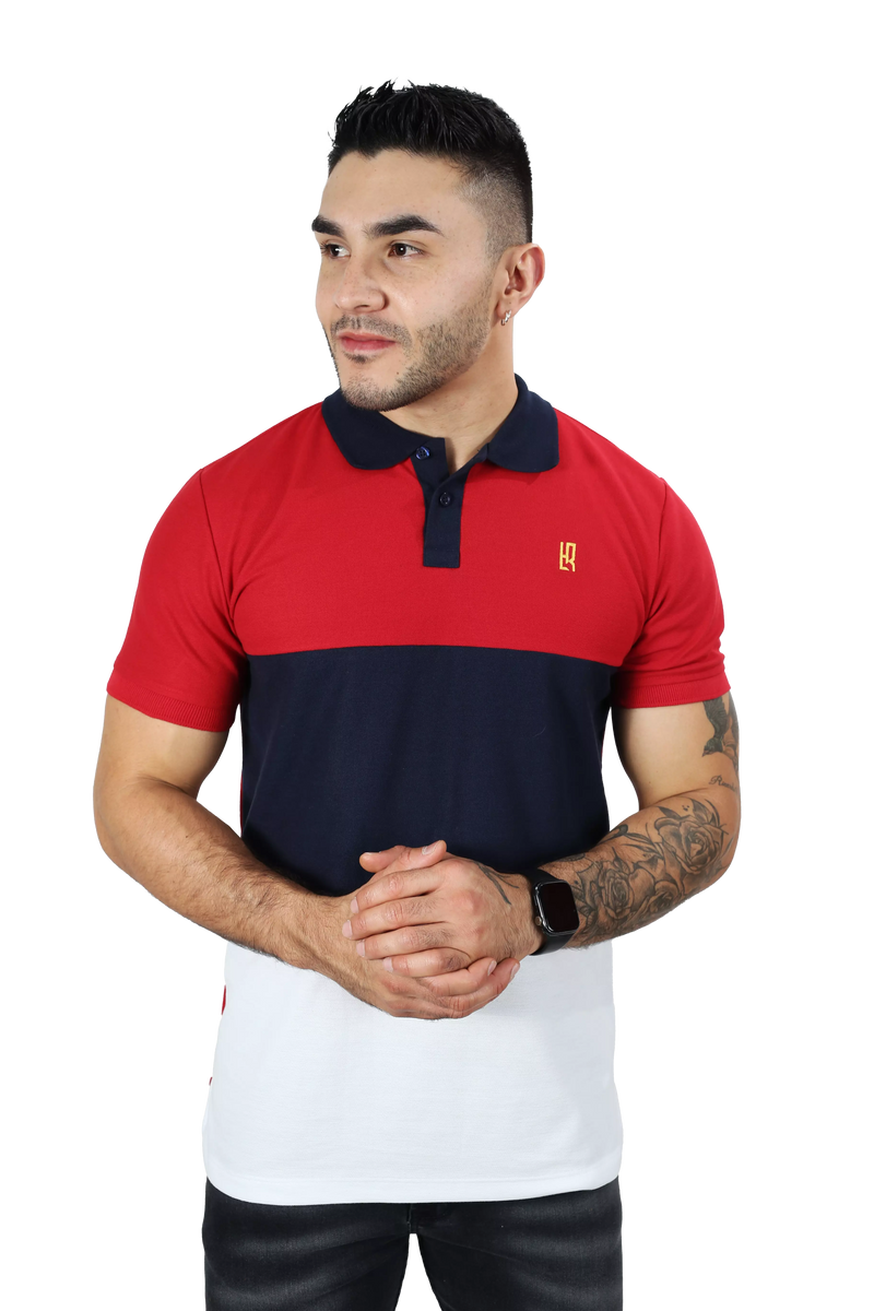 Camiseta Polo Combinada Rojo-Azul Oscuro-Blanco 040D