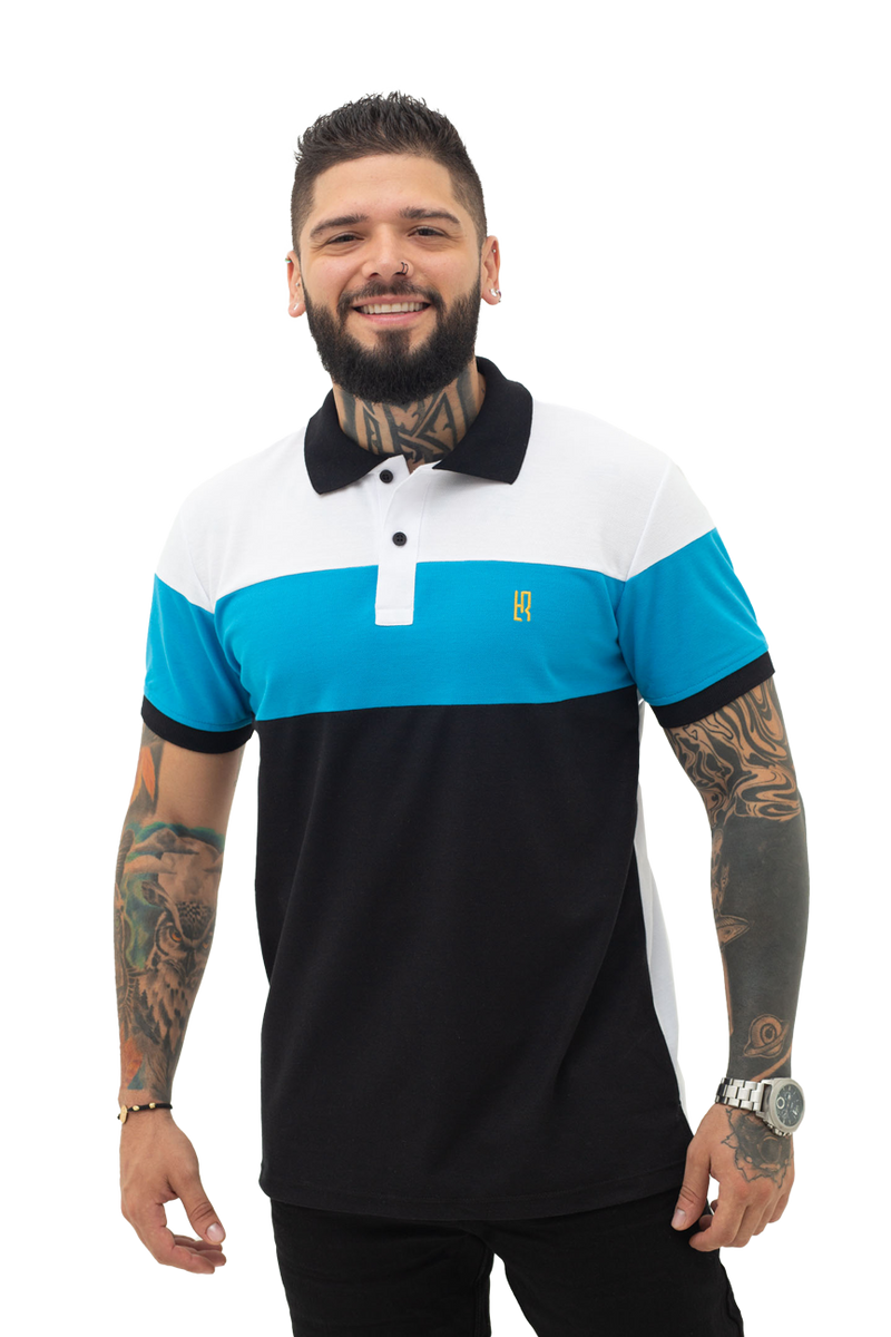 Camiseta tipo polo combinada para hombre color blanco turquesa negro