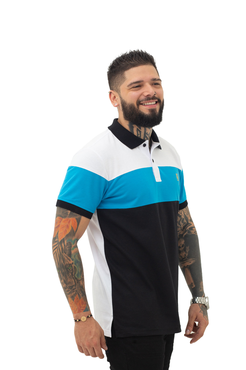 Camiseta tipo polo combinada para hombre color blanco turquesa negro lado 1