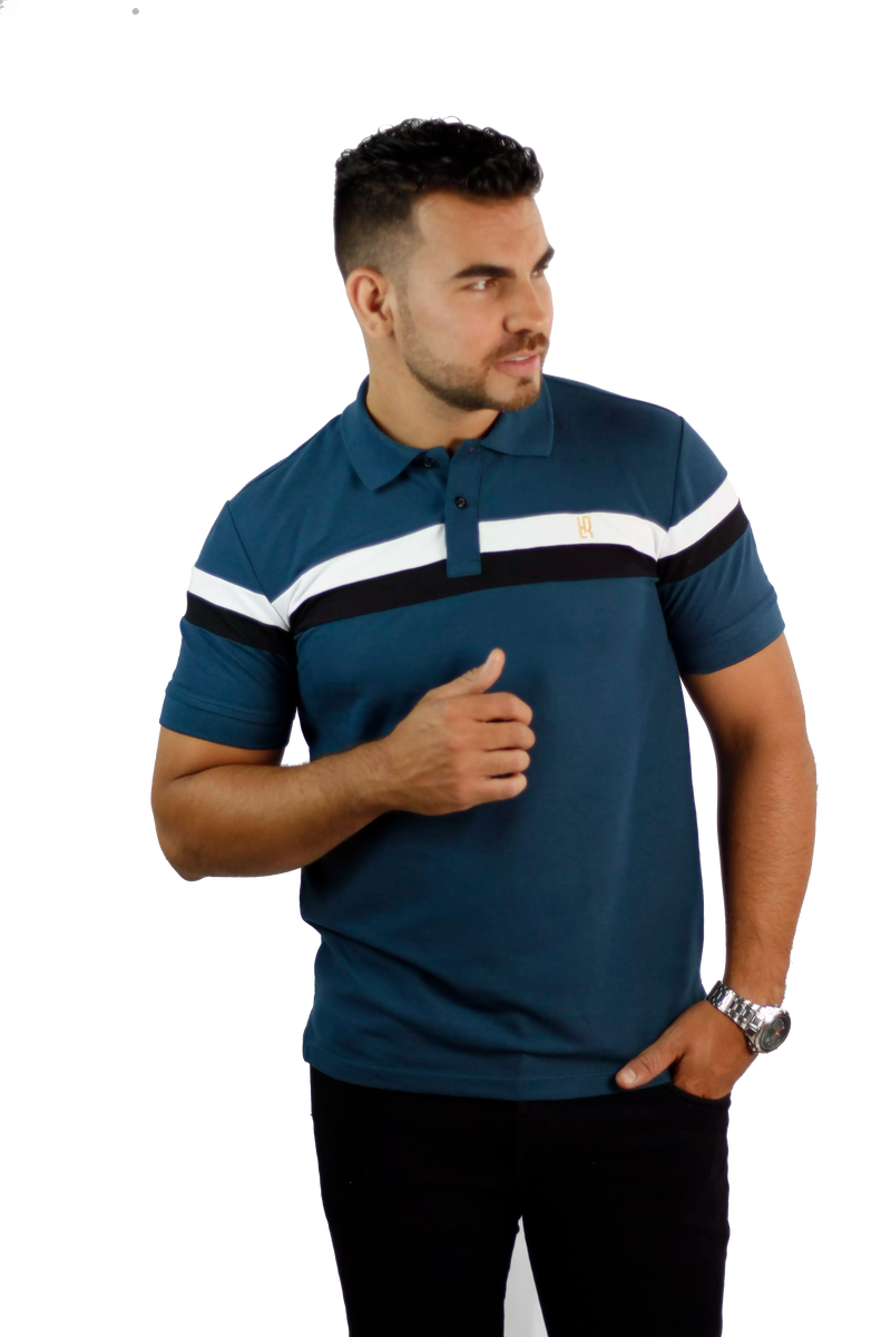 Camiseta tipo polo combinada para hombre color petróleo blanco negro
