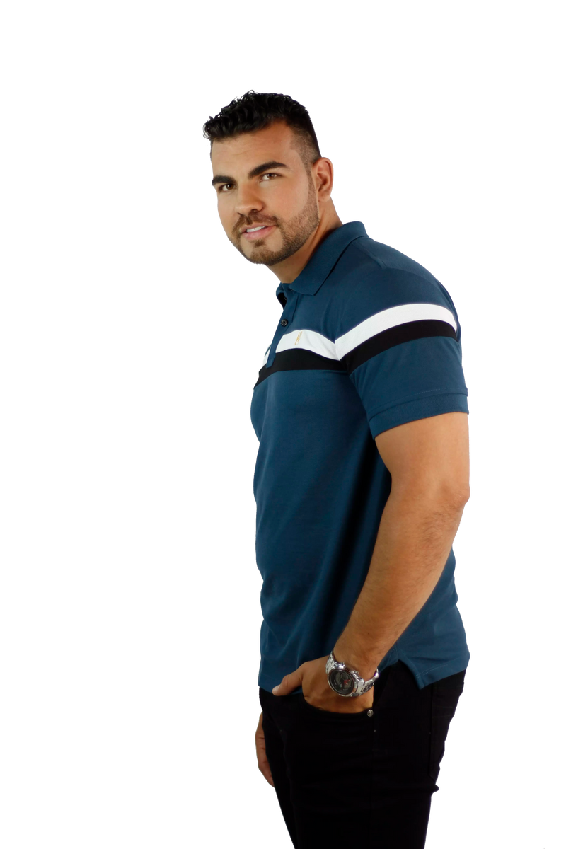 Camiseta tipo polo combinada para hombre color petróleo blanco negro lado 1