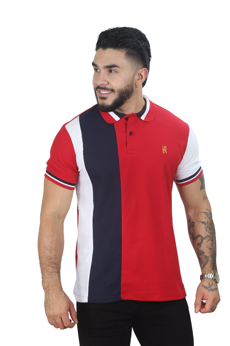 Camiseta tipo polo combinada para hombre color rojo azul oscuro blanco