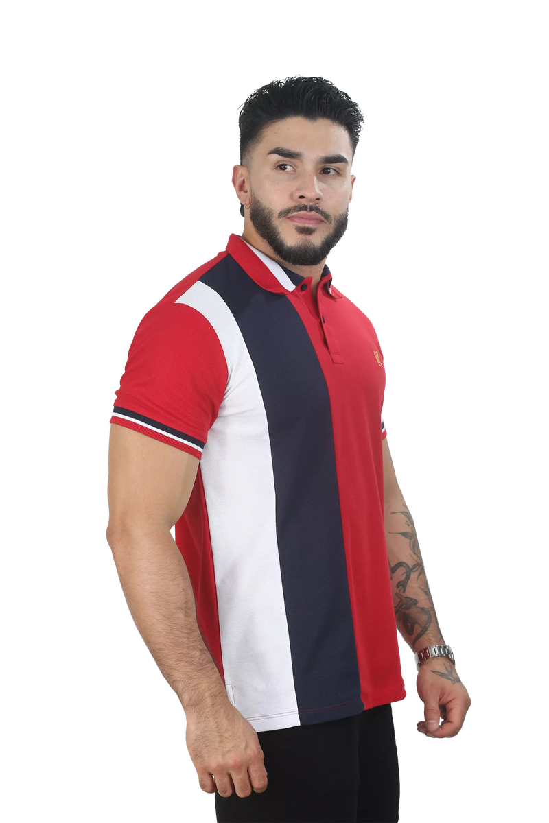 Camiseta tipo polo combinada para hombre color rojo azul oscuro blanco lado 1