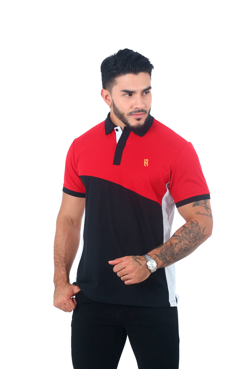Camiseta tipo polo combinada para hombre color rojo negro blanco cuello negro