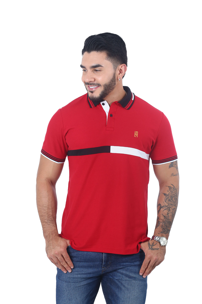 Camiseta tipo polo combinada para hombre color rojo negro blanco cuello negro combinado