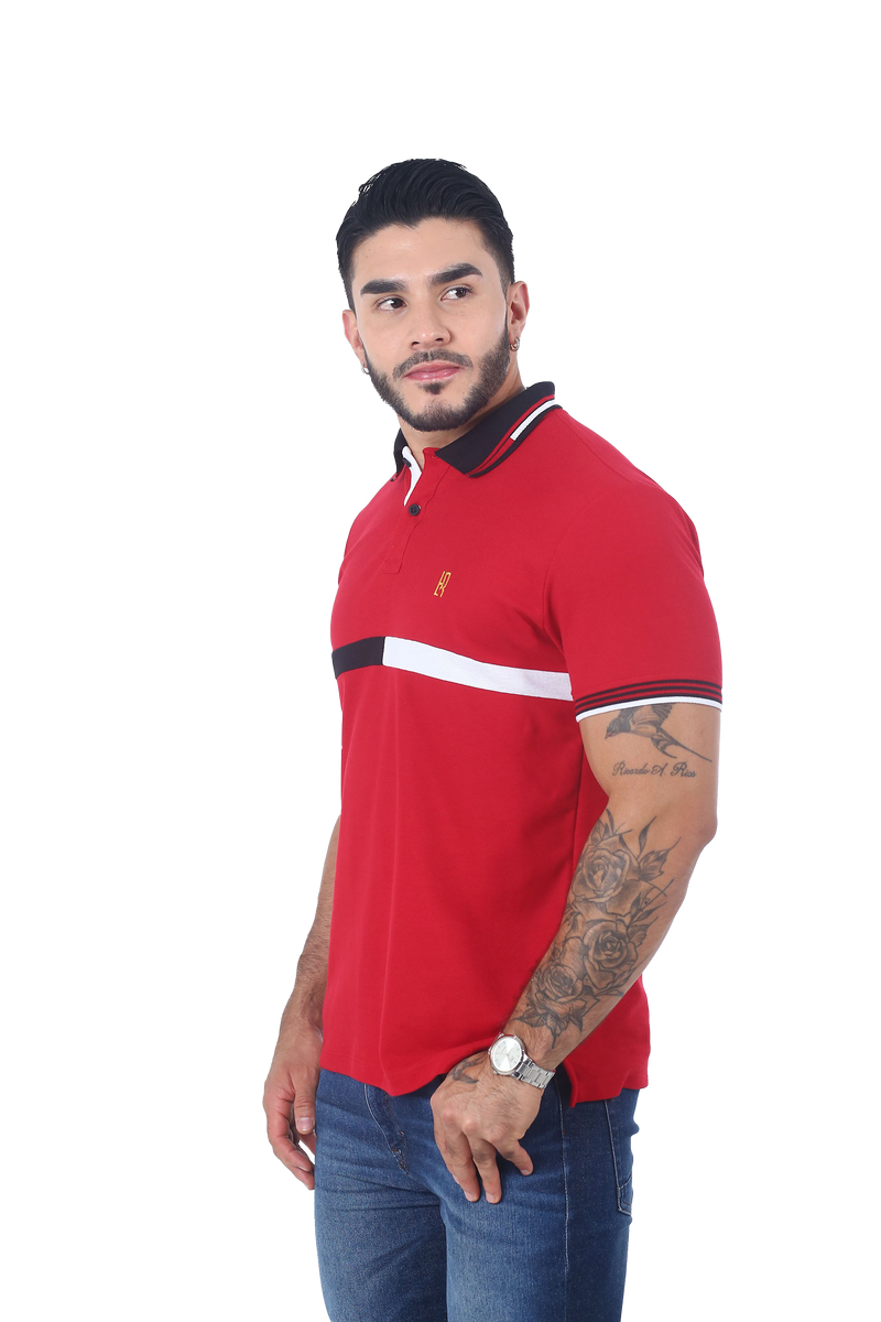 Camiseta tipo polo combinada para hombre color rojo negro blanco cuello negro combinado lado 1