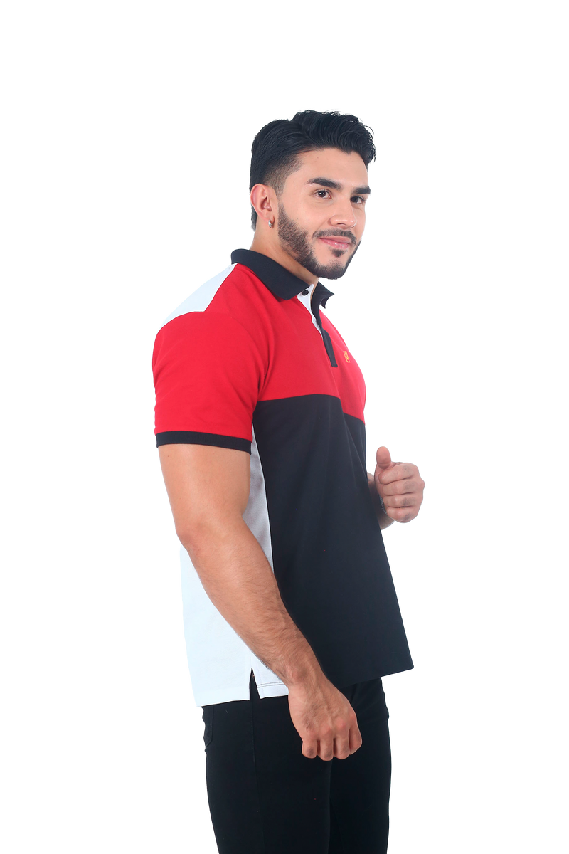 Camiseta tipo polo combinada para hombre color rojo negro blanco cuello negro lado 1