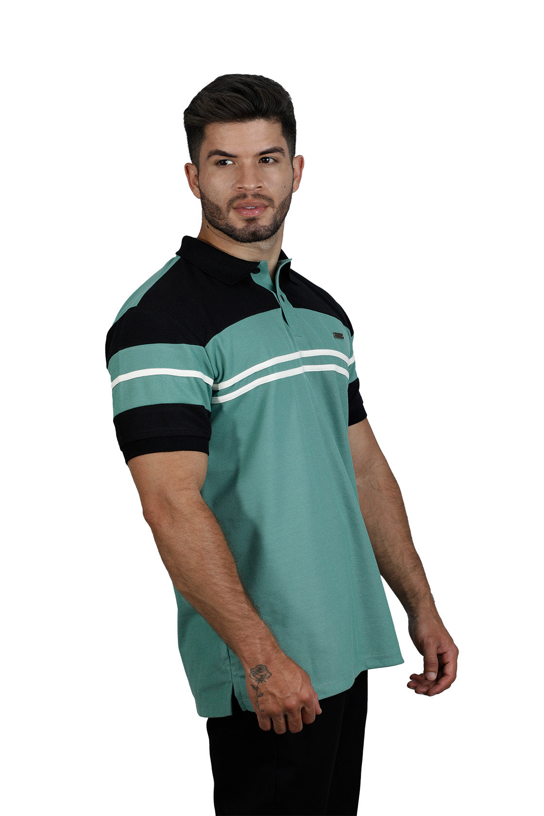 Camiseta tipo polo combinada para hombre color verde olivo negro marfil
