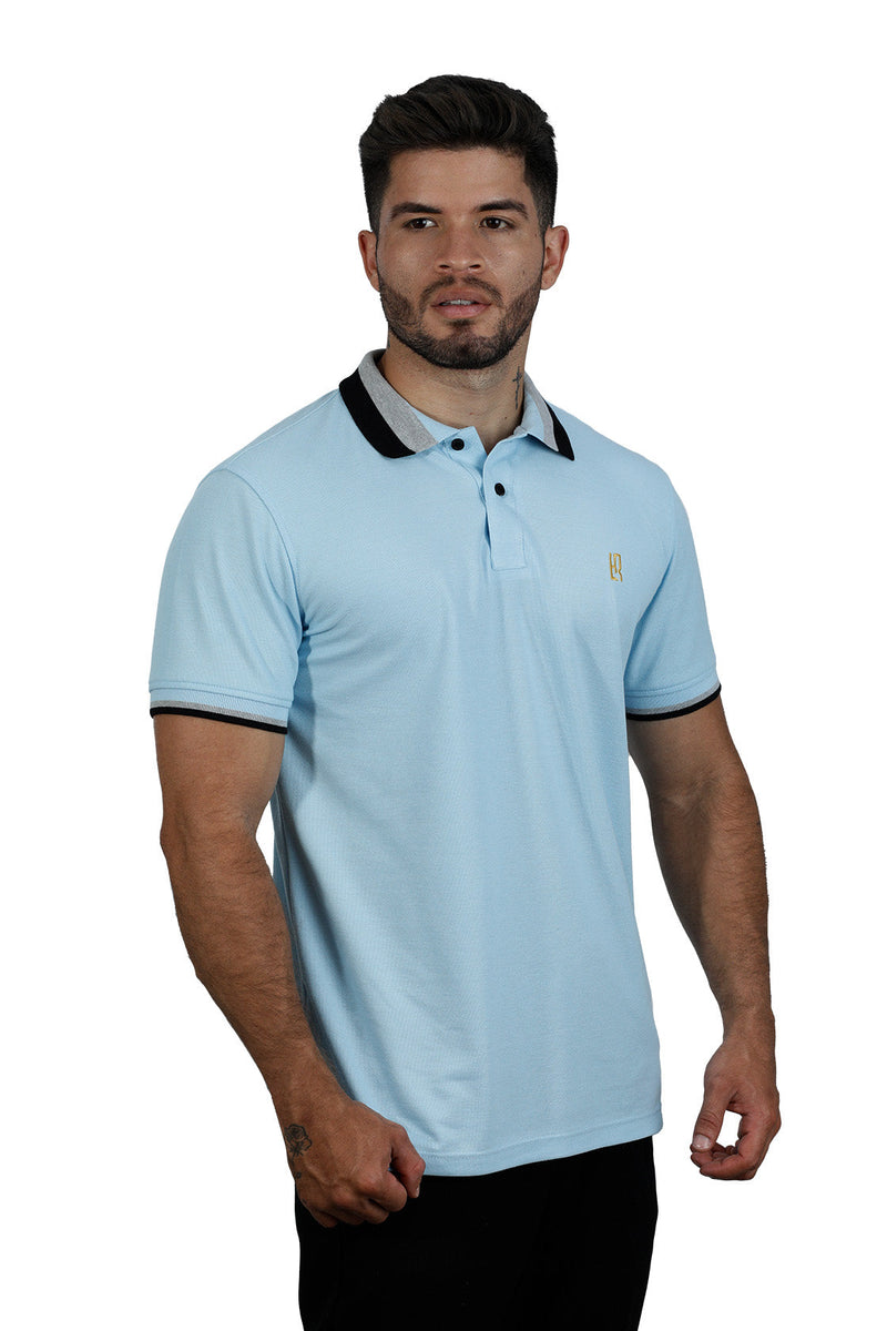 Camiseta tipo polo básica para hombre color celeste cuello tricolor