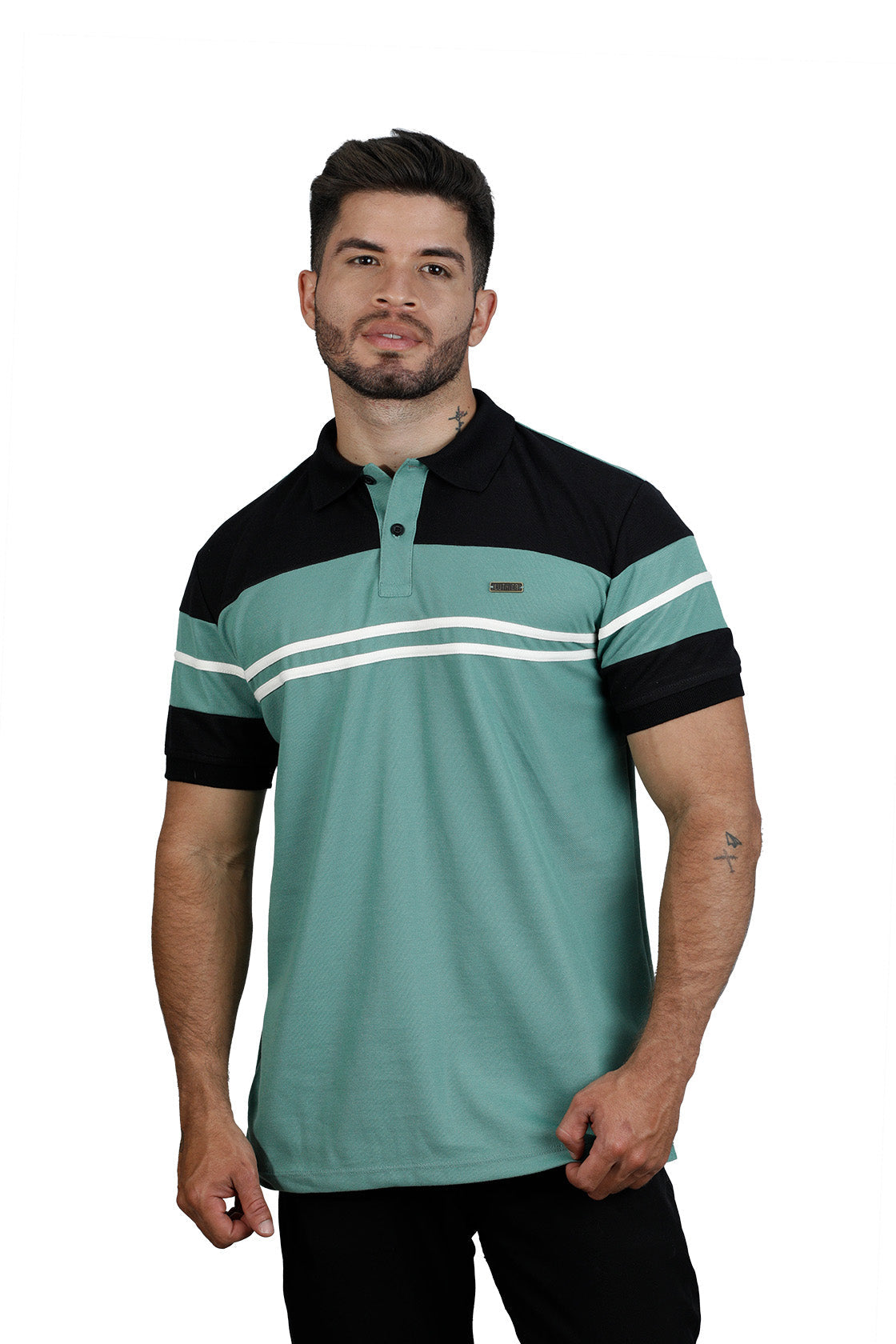 Camiseta tipo polo combinada para hombre color verde olivo negro marfil