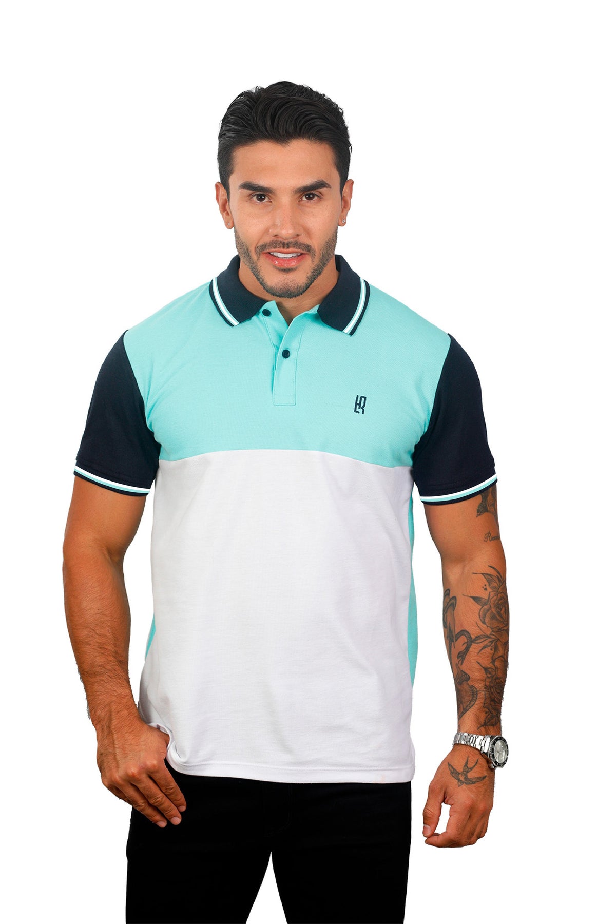 Grupo Luthier frente  Camiseta tipo polo combinada para hombre color menta azul oscuro blanco