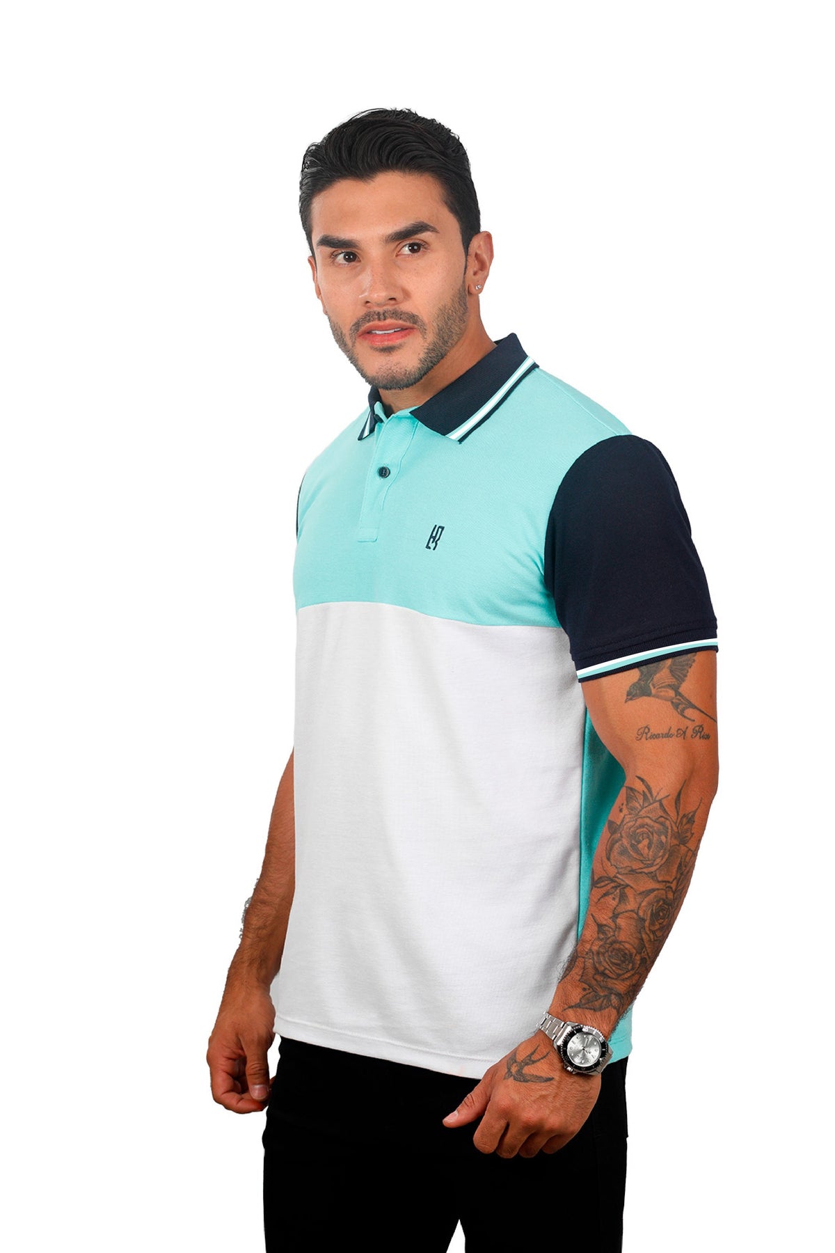 Grupo Luthier lado 2 Camiseta tipo polo combinada para hombre color menta azul oscuro blanco