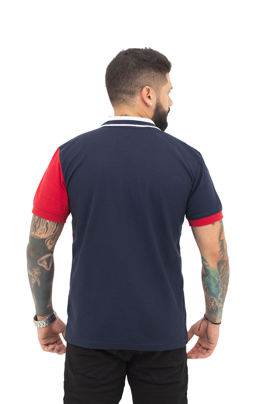 Grupo luthier espalda 1 Camiseta tipo polo combinada para hombre color azul oscuro rojo
