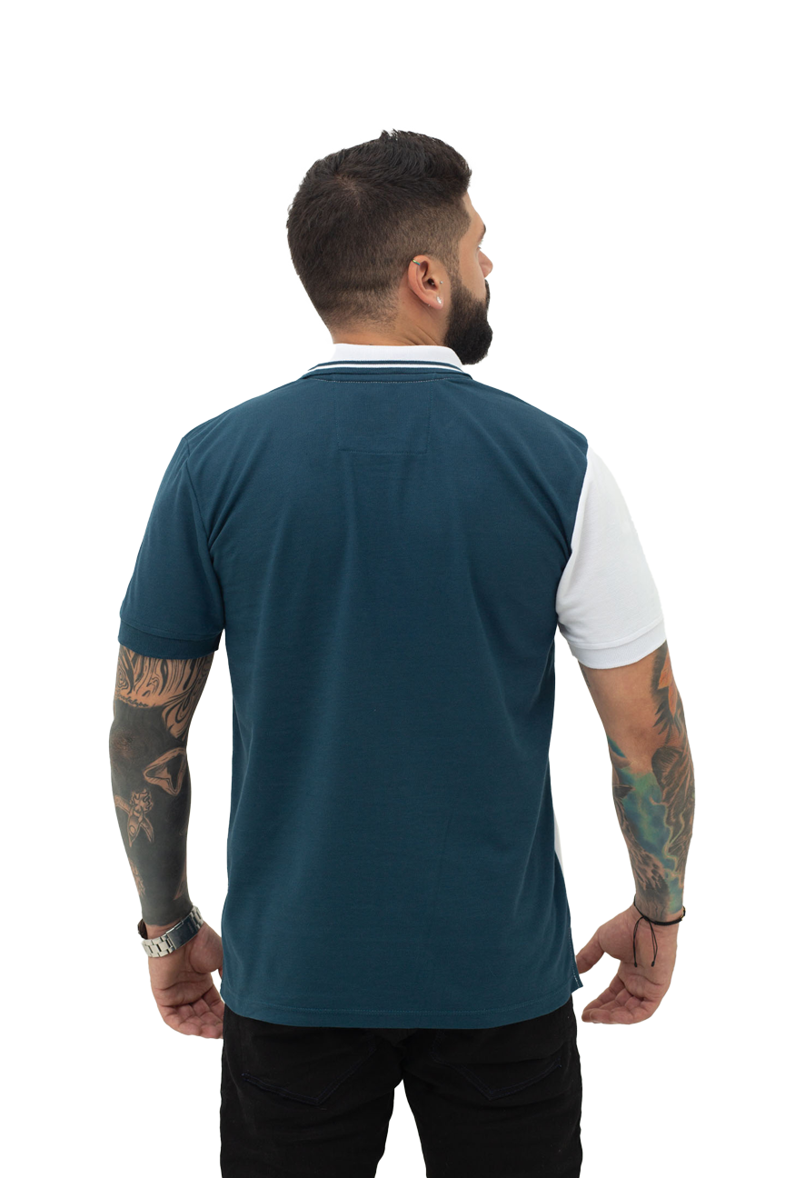Grupo luthier espalda Camiseta tipo polo combinada para hombre color blanco petroleo