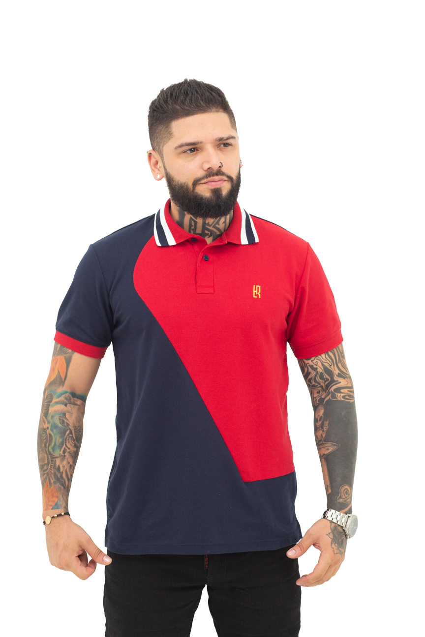 Grupo luthier frente Camiseta tipo polo combinada para hombre color azul oscuro rojo