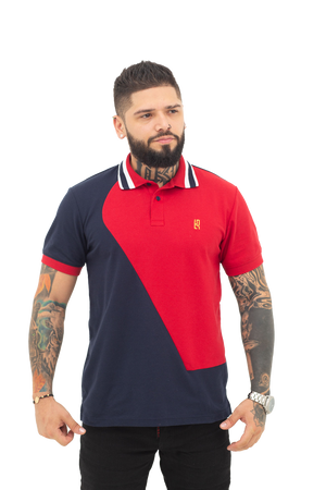 Grupo luthier frente Camiseta tipo polo combinada para hombre color azul oscuro rojo