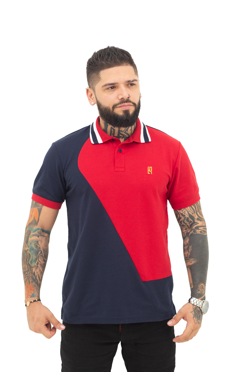 Grupo luthier frente Camiseta tipo polo combinada para hombre color azul oscuro rojo