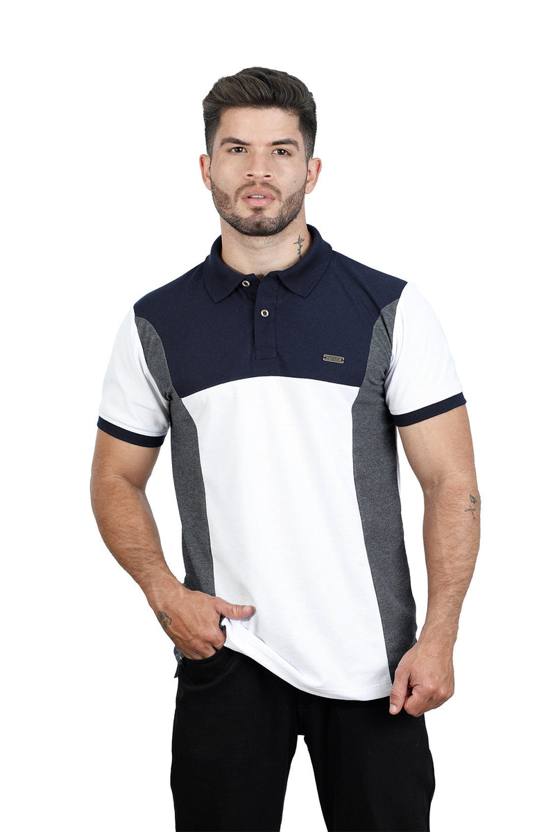 Grupo luthier frente Camiseta tipo polo combinada para hombre color azul oscuro blanco cross