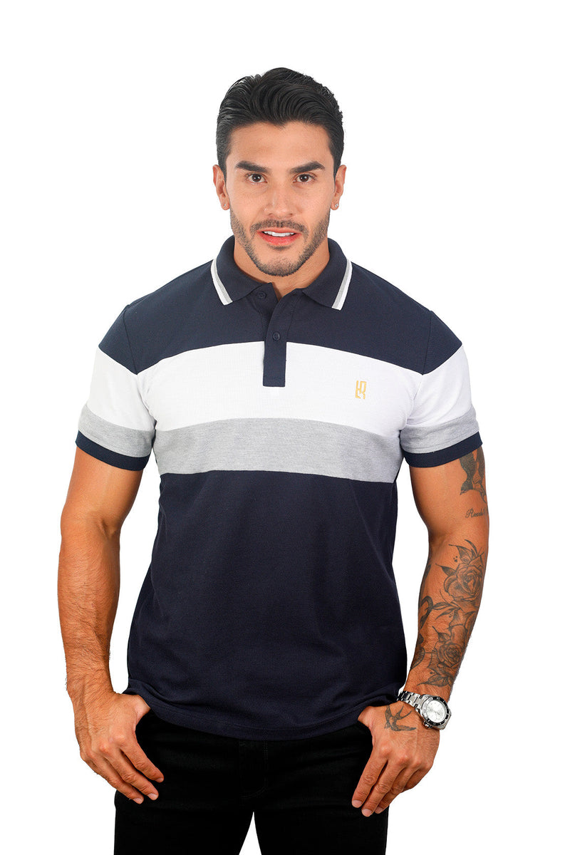 Grupo luthier frente Camiseta tipo polo combinada para hombre color azul oscuro blanco jaspe