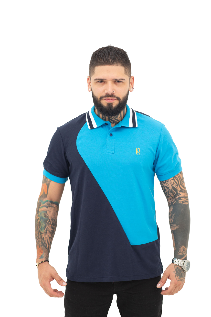 Grupo luthier frente Camiseta tipo polo combinada para hombre color azul oscuro turquesa