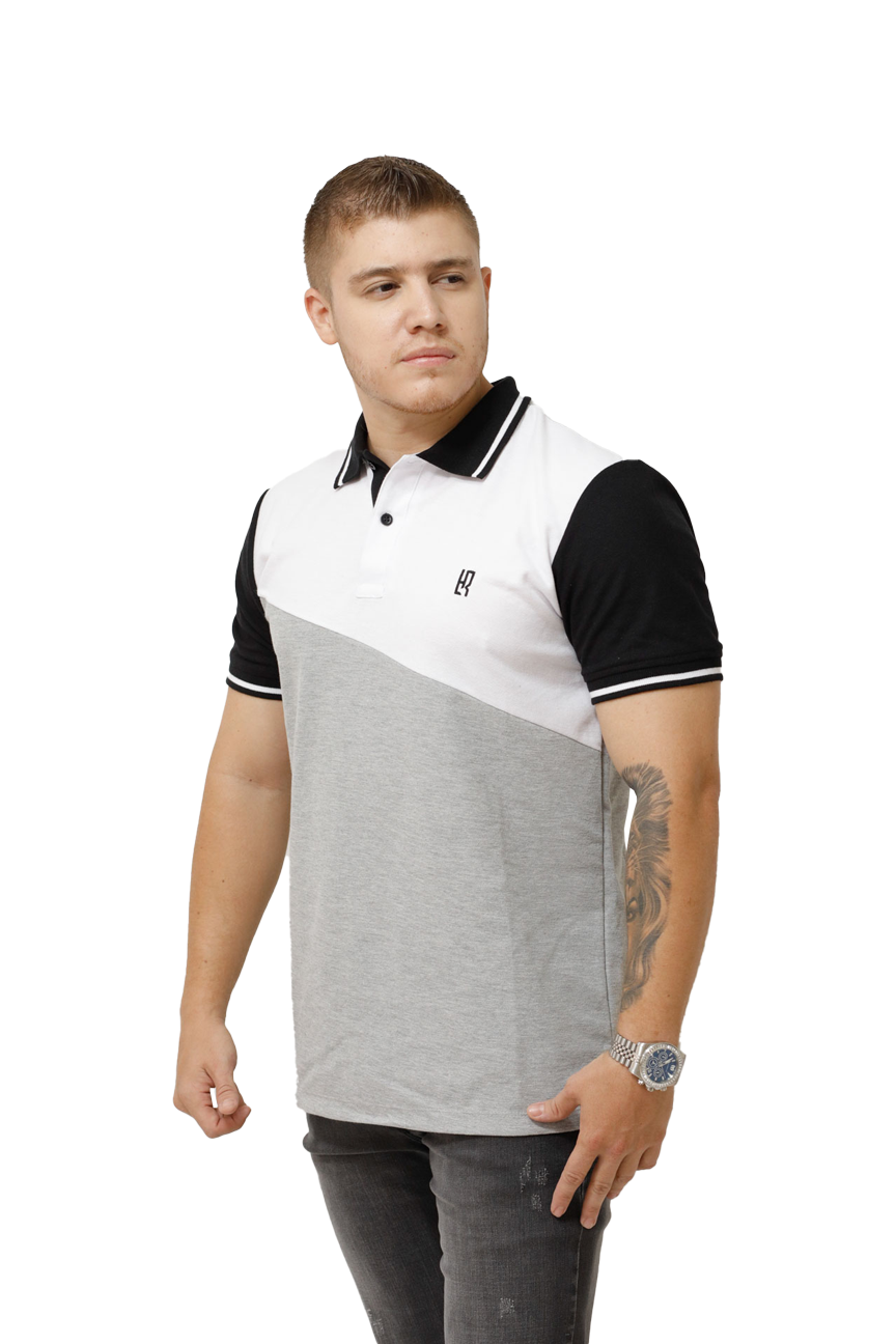 Grupo luthier frente Camiseta tipo polo combinada para hombre color blanco jaspe negro